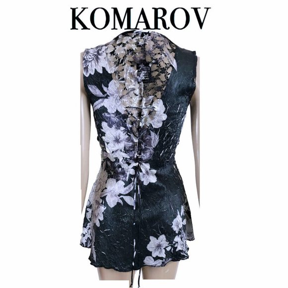 Komarov Tops - KOMAROV FLORAL TOP BLACK LACE CRISS CROSS TIE BACK